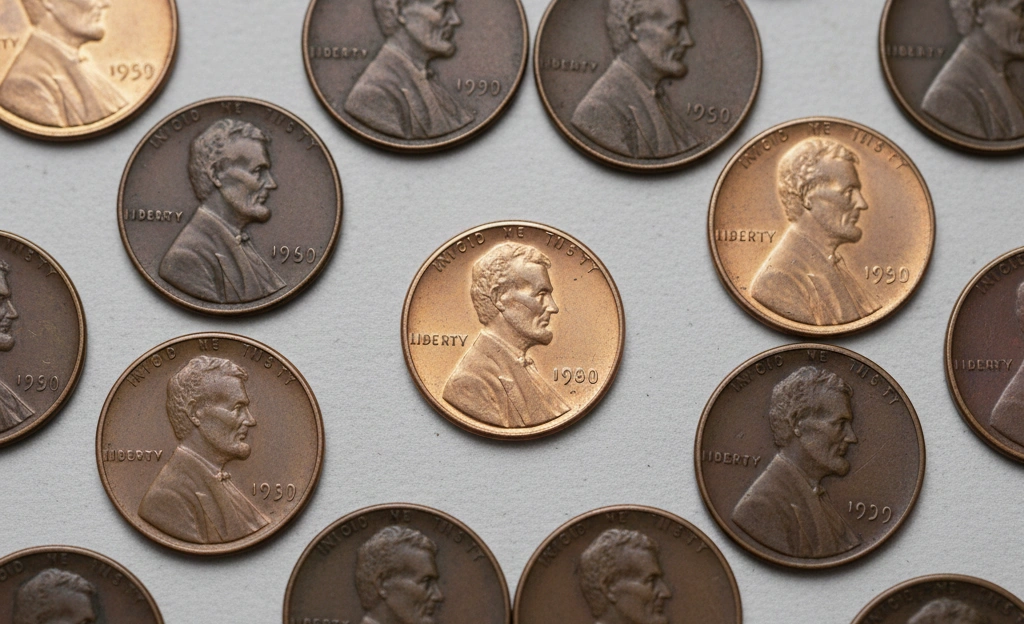 Top-down flat lay of U.S. pennies with 1980 penny