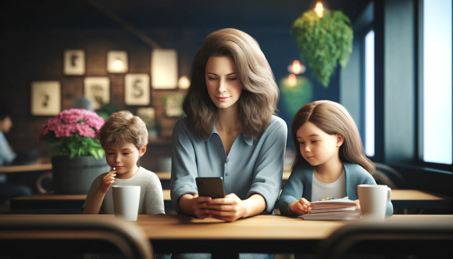 a woman in a cafe using her smartphone, with two children sitting next to her. The woman appears to be in her mid-30s, Caucasian, with medium-length brown hair, wearing a casual blue blouse. The children, a boy and a girl around 6 and 8 years old respectively, are sitting beside her quietly.