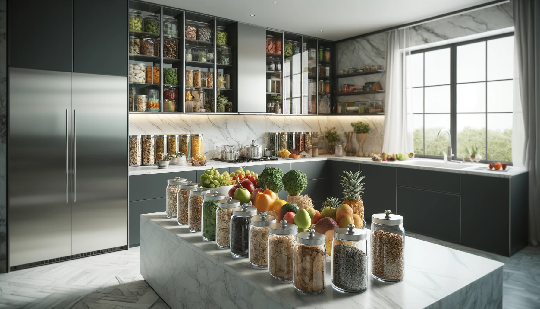a modern kitchen filled with healthy, low-sugar food options. The kitchen has sleek, minimalist design elements with stainless steel appliances, a marble countertop, and an array of colorful fruits and vegetables displayed prominently.
