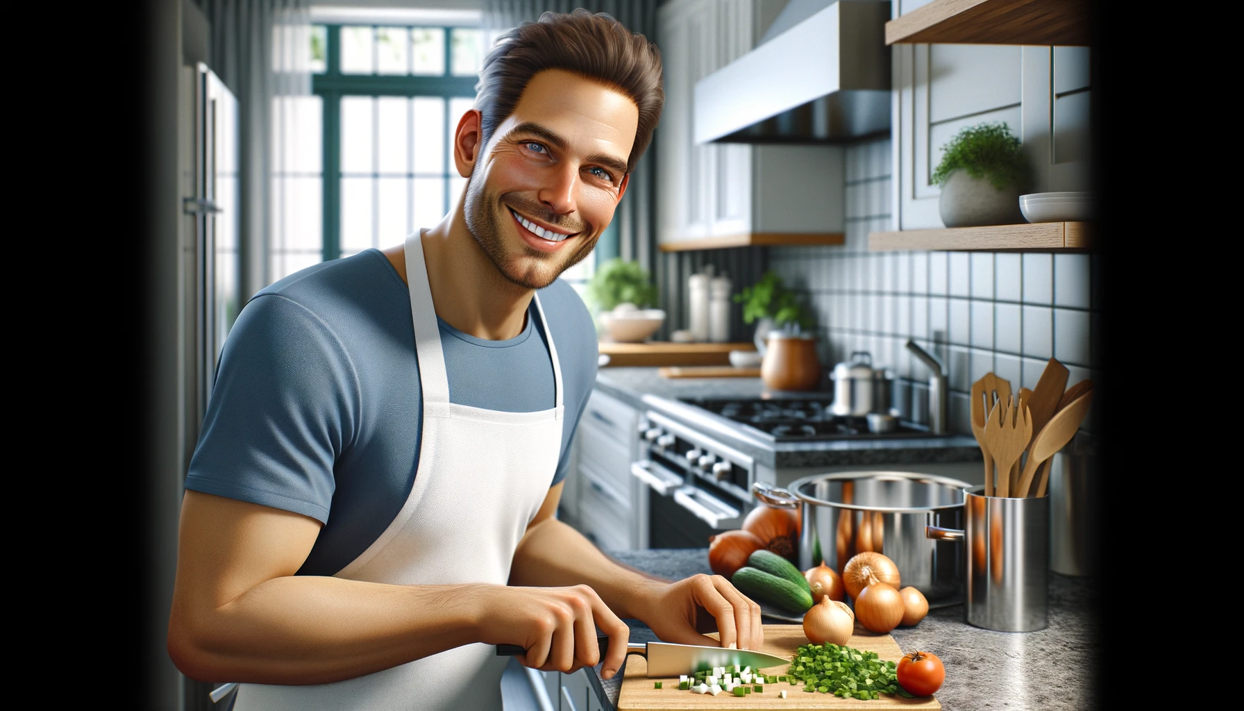 a smiling man cooking in a kitchen. The kitchen is modern with stainless steel appliances, a granite countertop, and wooden cabinets. 