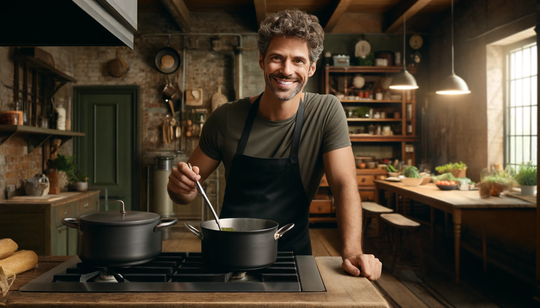 a  smiling man cooking in a kitchen. The kitchen has a rustic design with exposed bricks, a wooden table, and hanging pots and pans. The man is in his 40s, with curly grey hair, wearing a black chef's apron over a green t-shirt. 
