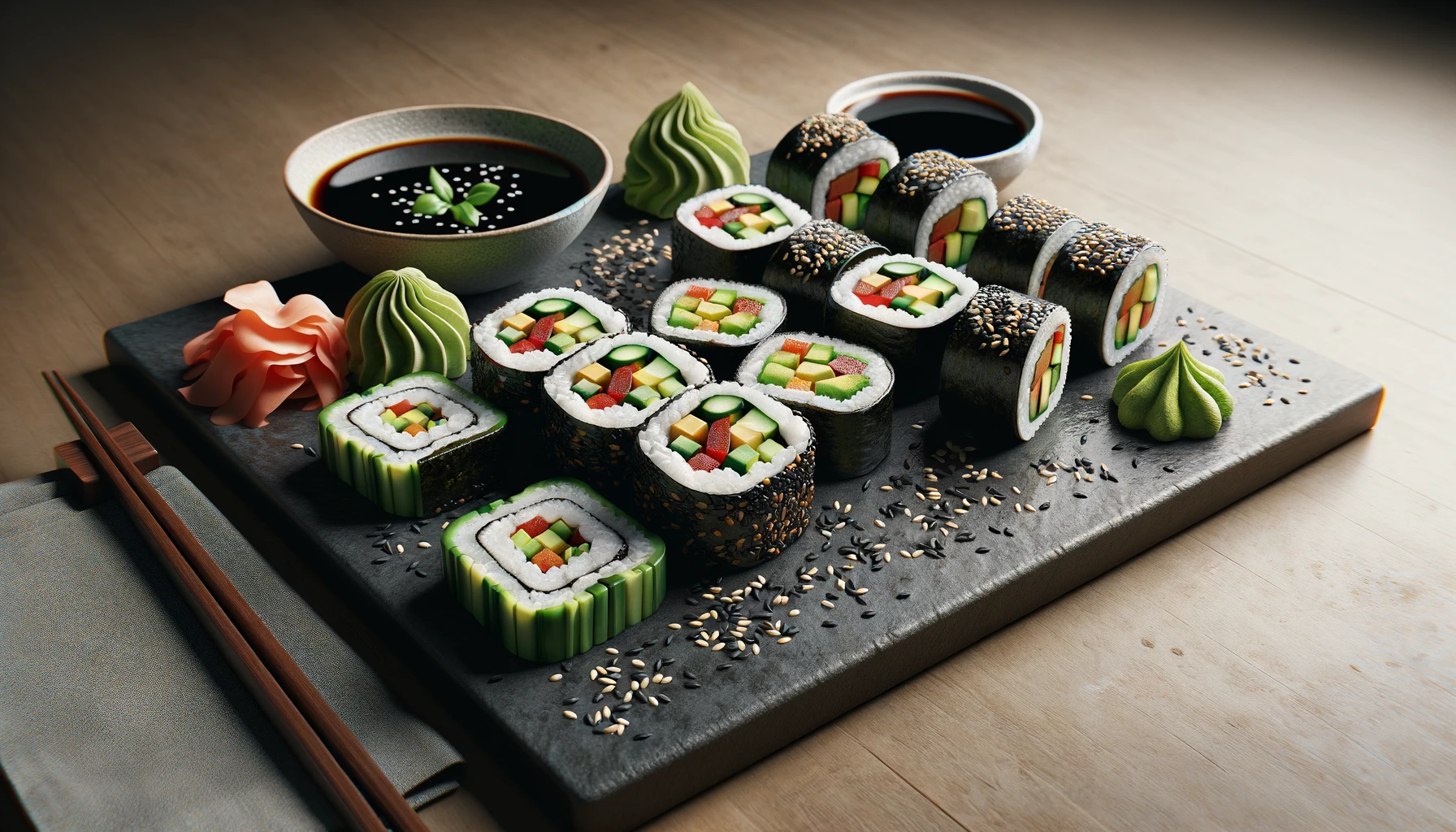 various sushi rolls filled with cucumber, avocado, and red bell pepper, garnished with black sesame seeds.