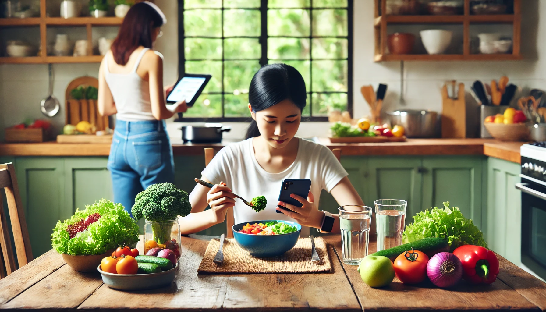 A person sitting at a dining table, eating a healthy meal while using a smartphone app to log their food intake.