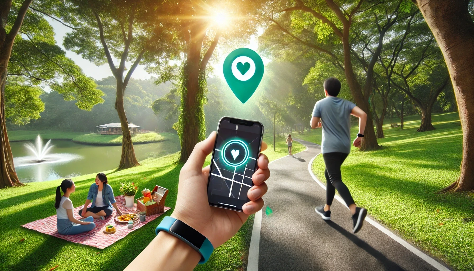 A person is jogging in a scenic park, wearing a fitness tracker and holding a smartphone displaying a location tracking app.