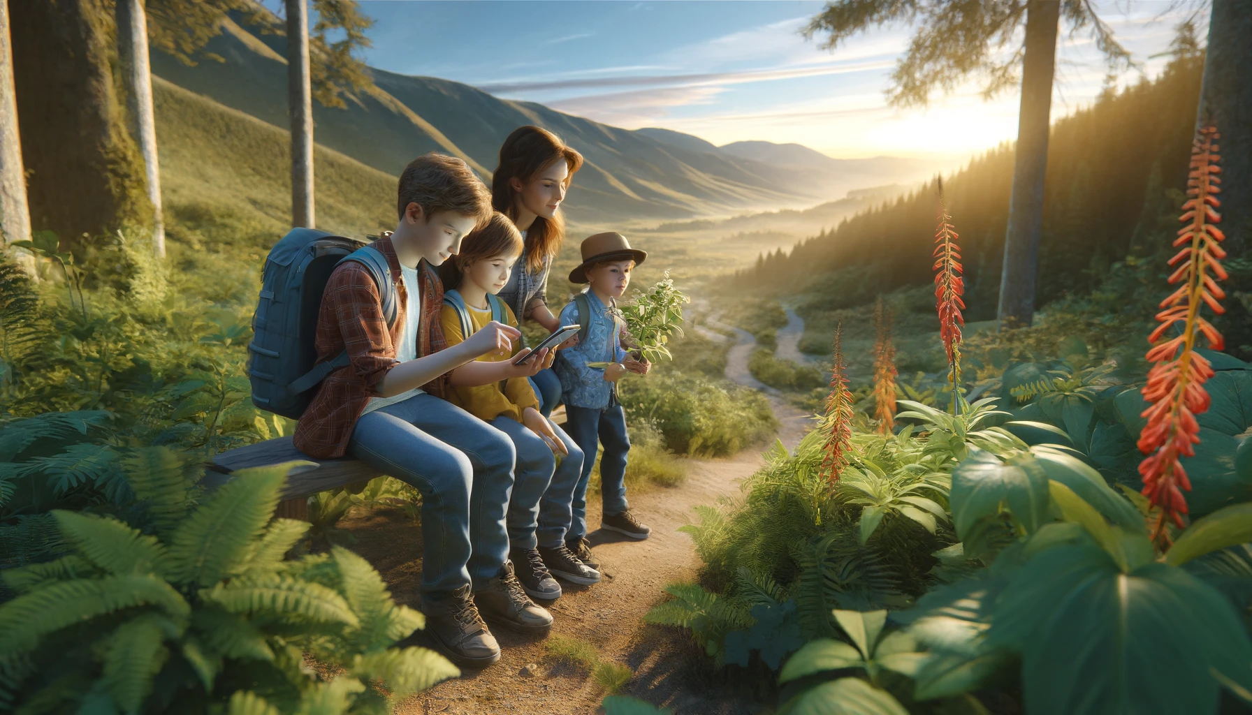 family using a plant identification app during a hike in a scenic outdoor setting