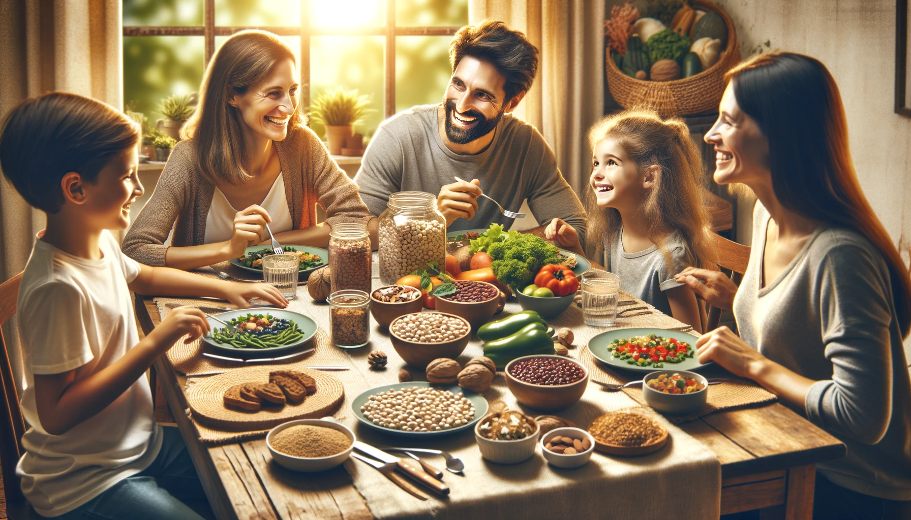 a family enjoying a healthy meal together, featuring various plant-based proteins, emphasizing family bonding and the health benefits of a plant-based diet