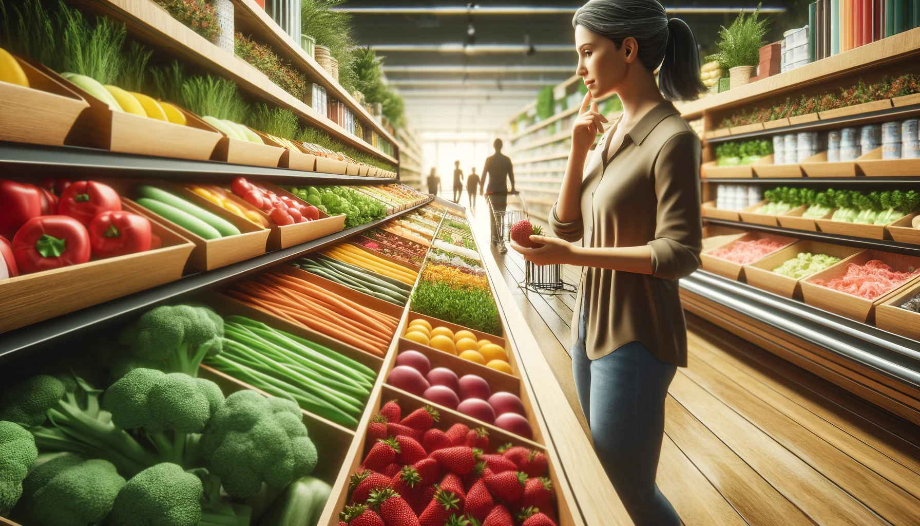 a person thoughtfully grocery shopping, focusing on selecting fresh, healthy foods like fruits, vegetables, and whole grains