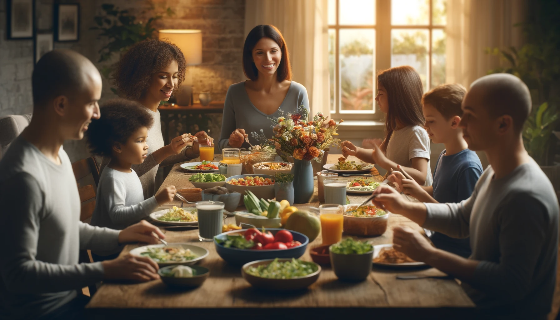family enjoying a meal together at home, with a table full of healthy dishes