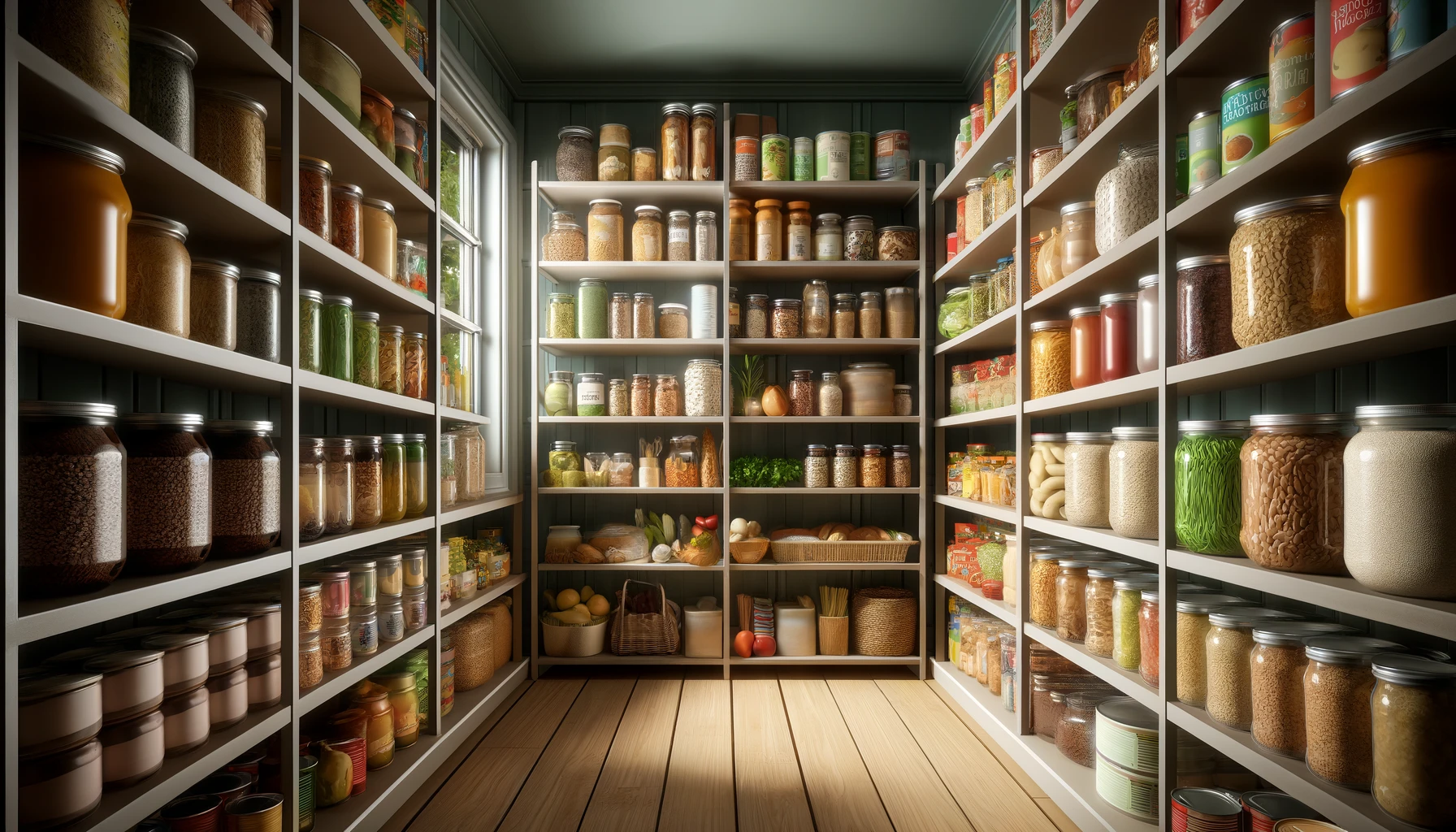 a well-stocked vegan pantry, filled with an assortment of plant-based staples like whole grains, beans, nuts, seeds, and canned vegetables
