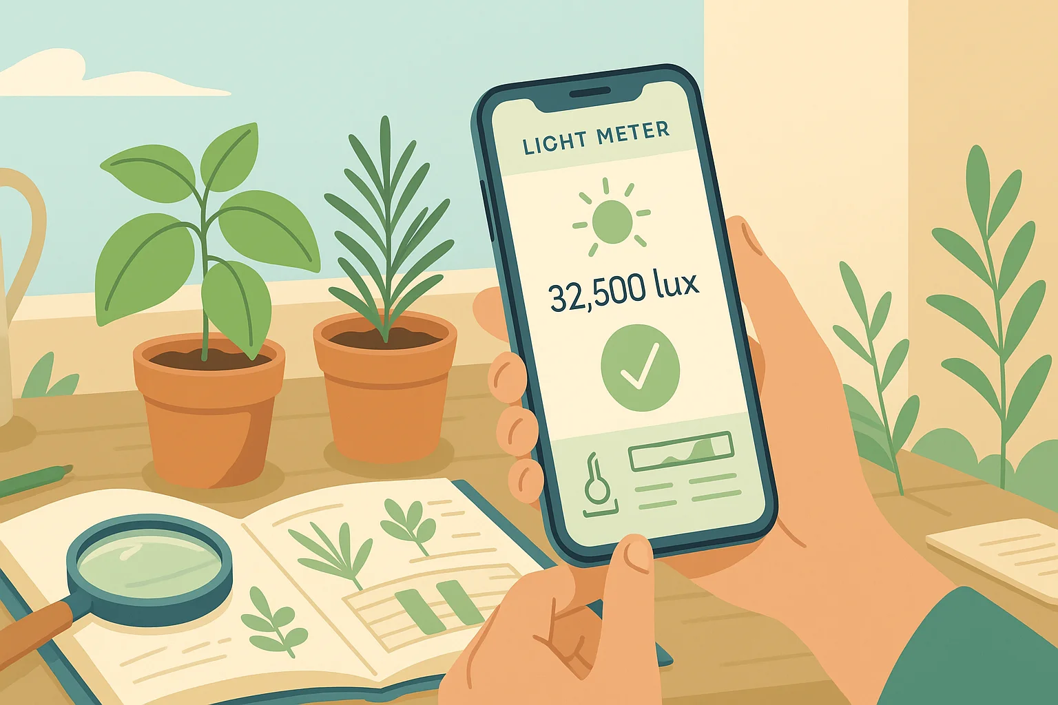 A gardener is measuring light conditions for herbs via an app.