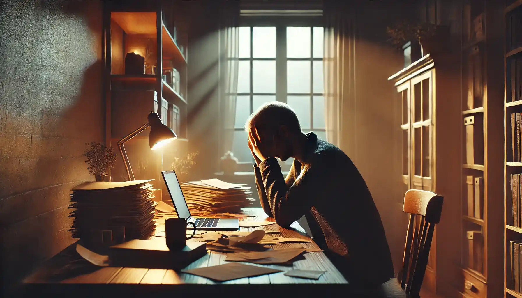 An image of a person sitting in a dimly lit room, holding their head in their hands, surrounded by a cluttered desk with papers, a laptop, and a cup of coffee, with warm lighting and shadows emphasizing their emotional distress.