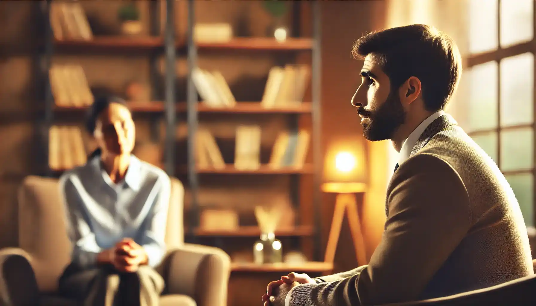 An image of a psychotherapy session showing the a therapist attentively listening and a client expressing emotions in a warm, professional setting with a softly lit, well-organized office background.