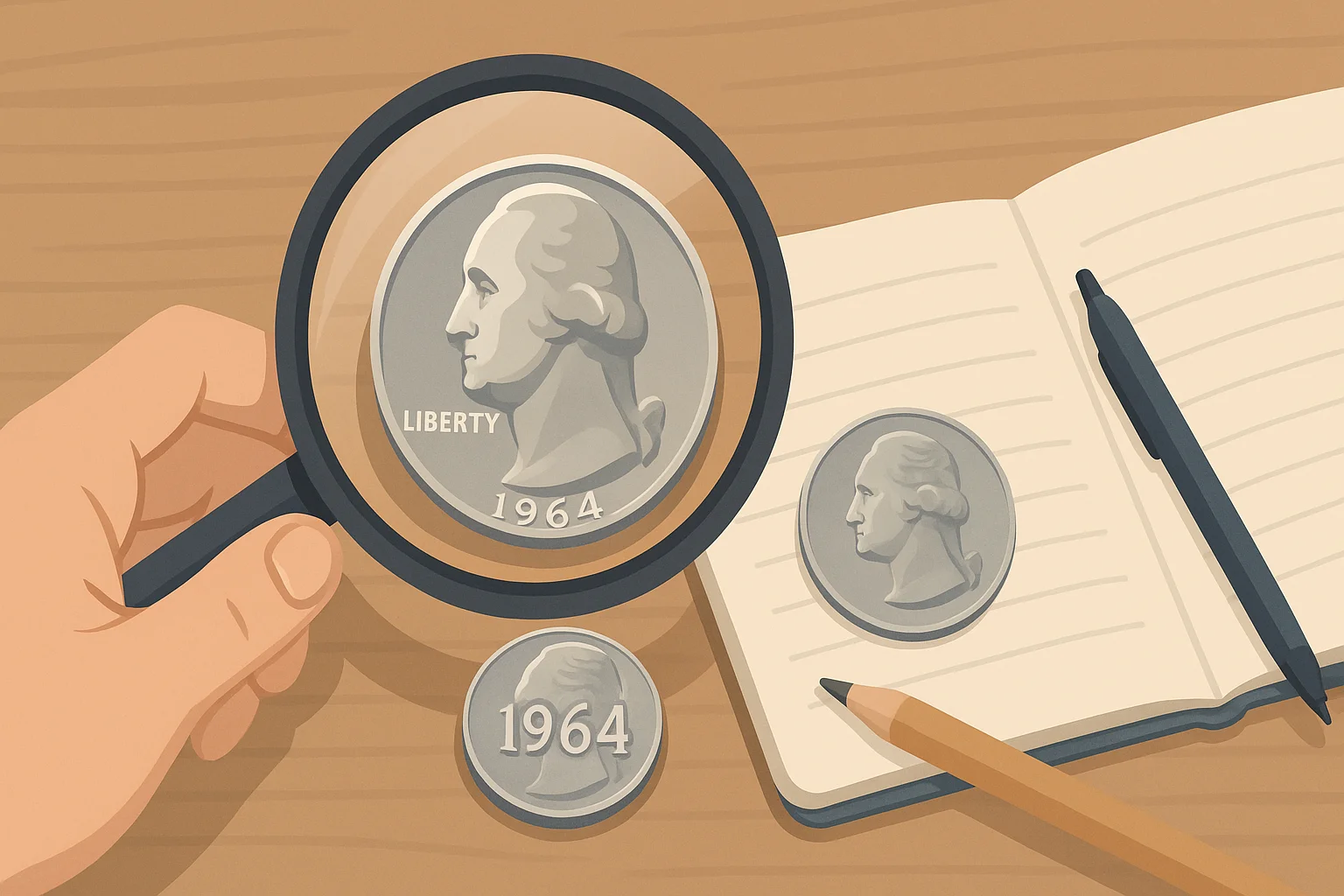 A collector examining a 1964 coin issue.