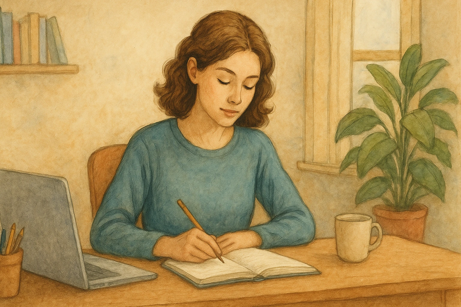 Woman is working patiently with a book.