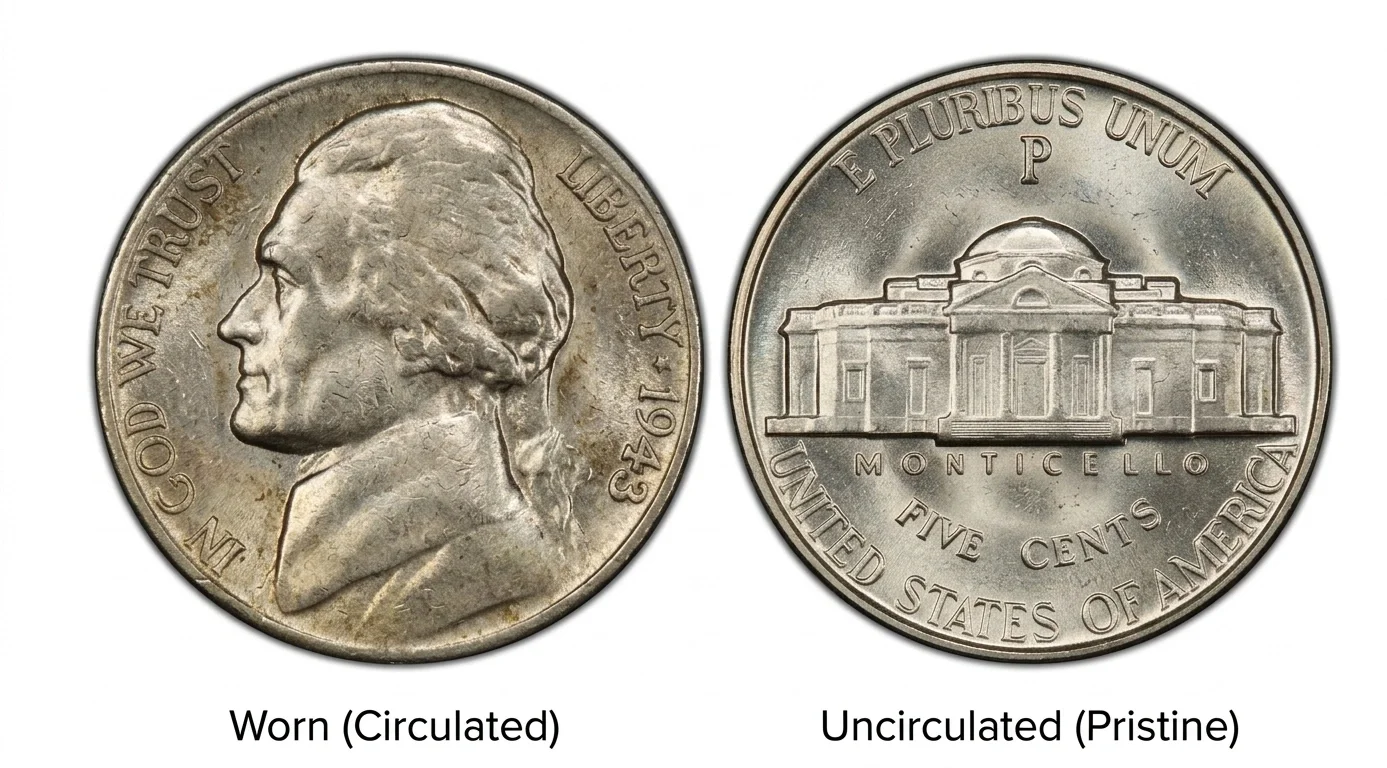 A side-by-side comparison of two nickels (worn vs uncirculated)