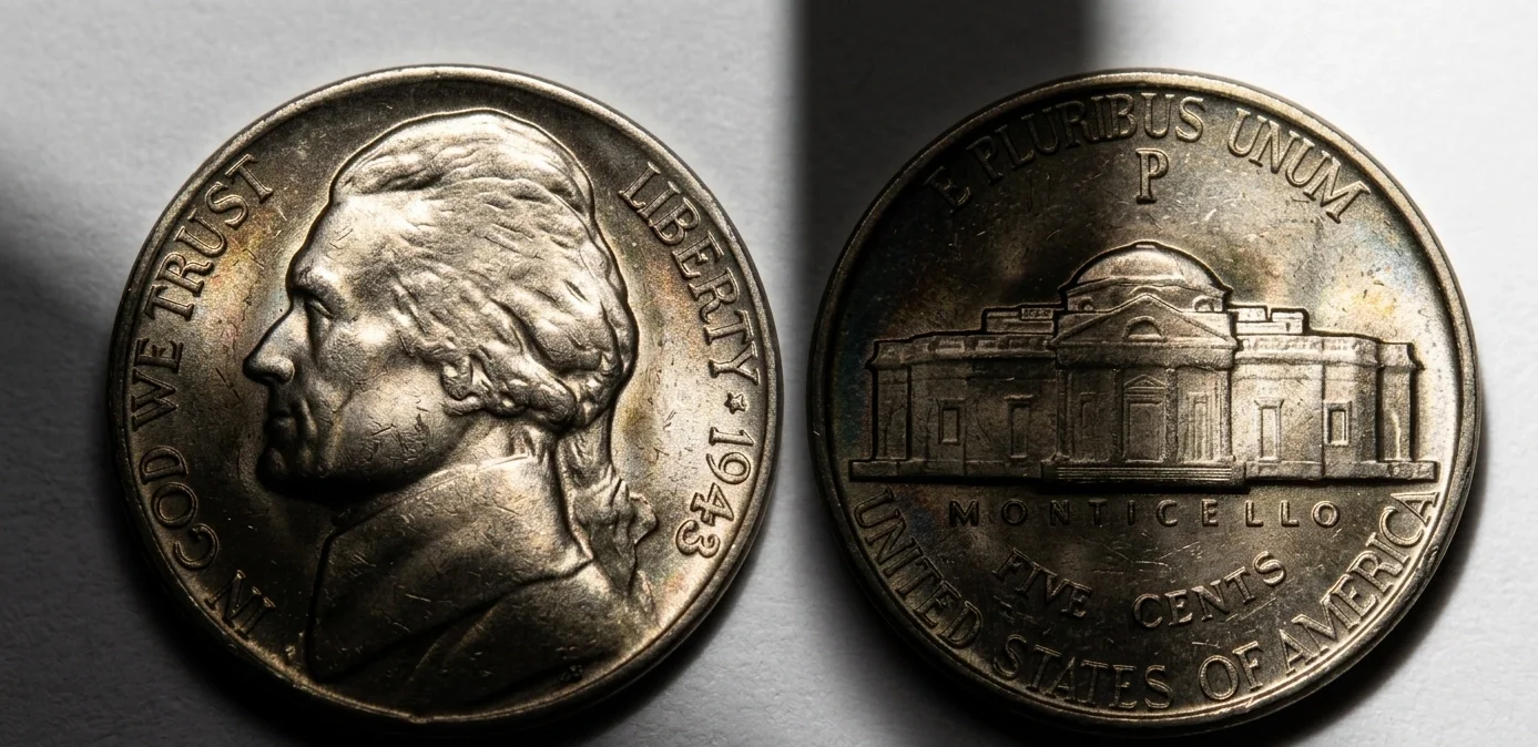 A nickel partially shadowed emphasizing relief depth